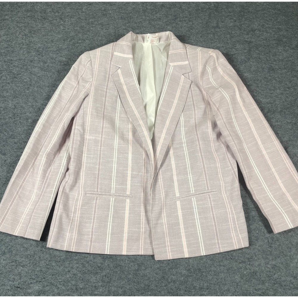 VTG Tan Jay Blazer Womens 16 Pink Open Front Sports Coat Lightweight Striped 90s